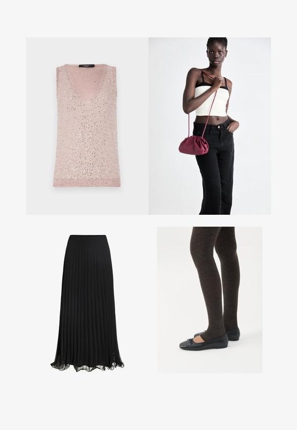 Bežas be rankovių V formos iškirptės palaidinė su raštuotu tekstūru, puošta išmėtytomis sidabro blizgučiu, kurie suteikia blizgesio detalę.; Balta trumpa rankovėmis marškinėliai su V formos iškirpte, kurią puošia subtilus nėrinių kraštelis ant iškirptės ir rankovių, pagaminti iš lengvo audinio.; Juoda plisuota maksinė sijonas, pagamintas iš lengvos medžiagos su plaukiotu dizainu. Jame yra raukšlėtas apvadas ir elastinė juosmens juosta komfortui.; Juodos plokščios bateliai su maža kaspinėlio detale prie pirštų, derinami su tamsiai rudos spalvos raukšlėtomis pėdkelnėmis. Bateliai turi lygų paviršių ir žemą profilį.; Bordo minkštas audinys rankinukas su susiraukšlėjimu ir ilgu dirželiu, dėvimas per kūną. Modelis vilki baltą trumpą palaidinę ir juodas džinsus.