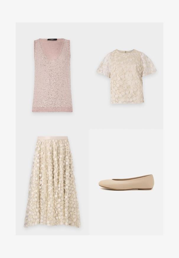 Ärmelloses Top mit V-Ausschnitt in Hellrosa, mit geripptem Textur und verstreuten silbernen Pailletten für einen funkelnden Akzent.; Beige Bluse mit floralem Stickmuster, durchsichtigen Puffärmel, Rundhalsausschnitt und Reißverschluss hinten. Texturiertes Blumenmuster auf der Vorderseite.; Blumenstickerei auf einem transparenten, crèmefarbenen Rock mit einem Satinbund. Das Design zeigt kleine, zarte Blumen und Blätter.; Beige Leder-Ballerina mit runder Zehenform, minimaler Nahtgestaltung, niedrigem Absatz und dezentem Logo auf der Rückseite. Glatte, matten Oberfläche.