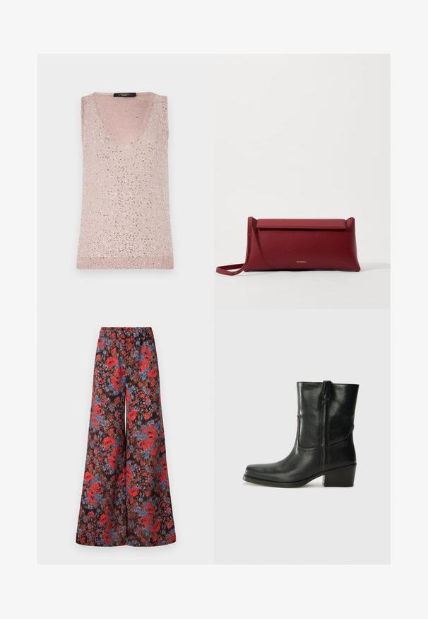 Ärmelloses Top mit V-Ausschnitt in Hellrosa, mit geripptem Textur und verstreuten silbernen Pailletten für einen funkelnden Akzent.; Weite Hosen aus schwarzem Stoff, geschmückt mit einem lebhaften Blumenmuster in Rot und Blau, mit einem elastischen Bund für zusätzlichen Komfort.; Schwarze Leder-Ankle Boots mit runder Zehenform, Blockabsatz, seitlichem Reißverschluss und gestickten Akzenten auf dem Blatt. Glatte Textur, klassisches Design.; Rote Leder-Clutch mit strukturiertem Finish, ausgestattet mit einem flachen Klappdeckel und einem kurzen Tragegriff. Diskretes Markenlogo auf der Vorderseite.