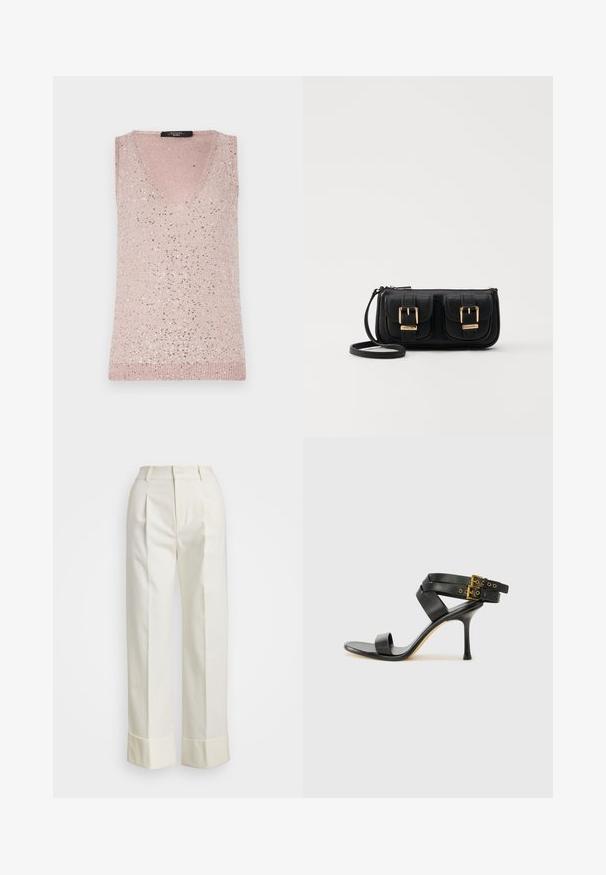 Ärmelloses Top mit V-Ausschnitt in Hellrosa, mit geripptem Textur und verstreuten silbernen Pailletten für einen funkelnden Akzent.; Weiße maßgeschneiderte Hose mit hoher Taille, doppelten Vorderfalten und weiten Beinen mit umgeschlagenen Säumen. Hergestellt aus einem glatten, strukturierten Stoff.; Schwarze Absatzsandale mit gekreuzten Riemen und verstellbarem Schnallenverschluss. Sie verfügt über eine glatte Textur und einen schmalen Stiletto-Absatz.; Schwarze Leder-Umhängetasche mit zwei vorderen Taschen, goldenen Schnallen, Reißverschluss und einem schmalen Tragegurt. Texturierte Oberfläche und kompakte rechteckige Form.