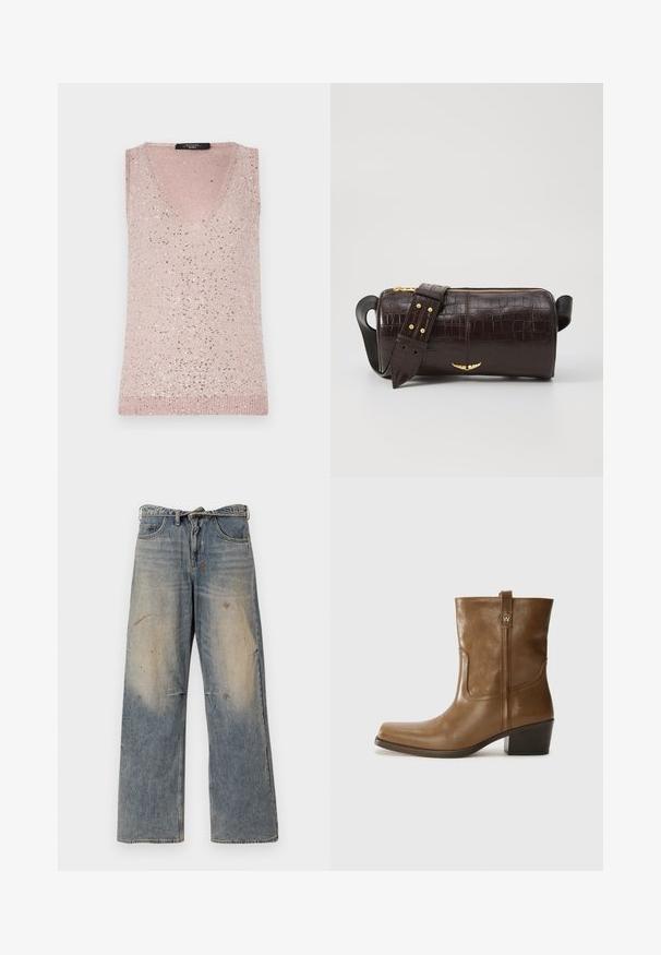 Bezselle, top s V-hrudníkom v svetloružovej farbe s rebrovanou textúrou, ozdobený roztrúsenými striebornými flitrami pre trblietavý detail.; Svetlo modré džínsy s voľným strihom a rovnými nohavicami. Obsahujú efekt opotrebovania, vyblednutie a poškodené detaily pri kolenách. Klasický strih s piatimi vreckami.; Hnedé kožené členkové topánky so štvorcovou špičkou, textúrovaným povrchom a nízkym vrstveným podpätkom. Obsahujú zadný úchyt a diskrétne prešívanie.; Hnedá taška z kože s embosovaným vzorom krokodíla, cylindrického tvaru, so zlatými hardvérovými doplnkami a odnímateľným popruhom so štítkami.