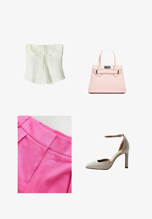 Fehér vászon pánt nélküli felső, elöl megkötős részlettel és laza, áramló siluettel. Texturált anyag, amelynek enyhén gyűrött megjelenése van.; Rózsaszín pamut anyag, sima textúrával, lapos derékpánttal és varrási részletekkel, elsősorban a ruhadarab felső részére összpontosítva.; Világosszürke, hegyes orrú magassarkú cipő, nyitott vamp dizájnnal, bokapánttal és arany lánc díszítéssel. Simakbőr textúra.; Rózsaszín, strukturált táska, amely texturált bőrből készült, két felső fogantyúval, csattos záródással és kontrasztos fém részletekkel.