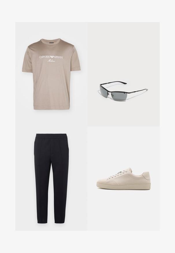 T-shirt bege de manga curta feita de tecido macio, com o logotipo "EMPORIO ARMANI" e "Milano" em branco a atravessar o peito.; Calças de treino pretas com cintura elástica, pernas afuniladas, bolsos laterais e textura de tecido suave. Apresenta detalhes costurados ao longo das costuras.; Sapatilhas de couro bege com um acabamento suave, biqueira arredondada, sola plana e design clássico com atacadores. Detalhes discretos em costura e sola texturizada.; Óculos de sol com uma estrutura preta em metal elegante, lentes cinza escuro e hastes finas. Apresenta almofadas de nariz ajustáveis e uma marcação discreta na lateral.