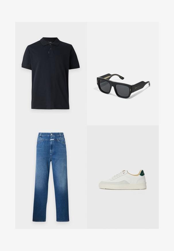Σκούρο ναυτικό μπλουζάκι πόλο φτιαγμένο από μαλακό βαμβάκι, με κλασικό γιακά, κοντά μανίκια και πλεχτή τριών κουμπιών. Λείες υφή, χωρίς σχέδια.; Μπλε τζιν παντελόνι με ίσια γραμμή, διαθέτει κουμπί κλεισίματος, θηλιές για ζώνη και διακριτική φθορά στους μηρούς.; Λευκά sneakers με σουέτ λεπτομέρειες, στρογγυλή μύτη, επίπεδα κορδόνια και κρέμα από καουτσούκ σόλα. Διαθέτει πράσινη επωνυμία στη φτέρνα.; Μαύρα γυαλιά ηλίου με χοντρούς, τετράγωνους πλαστικούς σκελετούς και σκουρόχρωμα φακούς. Διαθέτουν χρυσά μεταλλικά στοιχεία στους κροτάφους και ματ φινίρισμα.