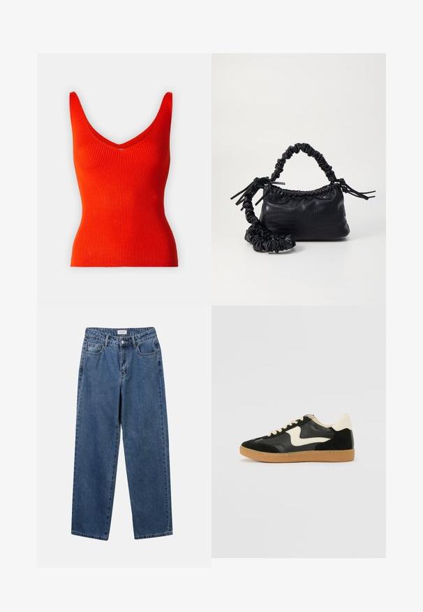 Canottiera rossa a coste con scollo a V e spalline larghe, caratterizzata da una forma aderente e una texture liscia.; Jeans in denim blu classico con design a gamba dritta, cinque tasche e chiusura con bottone. Presentano un lavaggio medio e una trama robusta.; Sneaker nera in suede e pelle con un sorriso laterale crema e un tallone di un leggero crema. Presenta lacci beige e una suola in gomma color caramello.; Borsa a tracolla in ecopelle nera con texture a coccodrillo, apertura cinchata e tracolla arricciata. Si presenta con un design morbido e compatto.