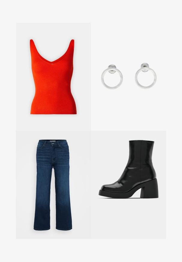 Punainen ribbipaita, jossa on V-pääntie ja leveät hihnat, muotoiltu kapea malli ja sileä pinta.; ONLY Petite ONLMADISON BLUSH WIDE - Leveälahkeiset - dark blue denim; Mustat nilkkurit, joissa on kiiltävä pinta, neliön muotoinen kärki ja paksu lohkoheel. Muotoilussa on saumatonta siluettia ja vähäistä brändäystä.; Hopeista valmistetut korvakorut, joissa on harjattu pinta, ympyrän muotoinen muotoilu ja kirkas varsi takana, joka takaa turvallisen käytön.