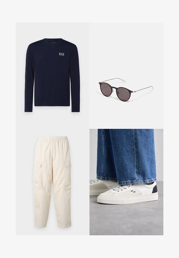 Marineblå langermet skjorte i myk bomull, med en liten hvit EA7-logo på venstre bryst, rund hals og rett hem.; Beige cargo bukser med elastisk talje, som har to sidelommer og et blødt, let stof. Stribet tekstur.; Hvite og svarte joggesko med en glatt læroverdel, teksturerte detaljer og en kraftig hvit såle. Har en klassisk snøring.; Sorte, runde solbriller med mørke linser og slanke metalarmer. Inkluderer klare temple tips og sølvfargede detaljer ved hengslet. Minimalistisk design.