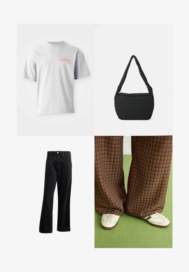 Siva kratka majica s kratkimi rokavi iz bombaža, z okroglo izreznico in oranžnim žametnim logotipom "DICKIES" na levi strani prsnega koša.; Črne kavbojke iz denima s ravnimi hlačnicami, ki imajo sprednje žepke, gumbasto zapiranje in rahlo teksturo. Vključujejo subtilen logotip.; Rjave in modre kariraste hlače širokih nogavic, v kombinaciji z belimi čevlji, ki imajo črne poudarke in teksturirane podplate, na zeleni podlagi.; Črna torba čez ramo z oblazinjenim teksturo, zaobljeno obliko in širok pas, z embosiranim logotipom na sprednji strani.