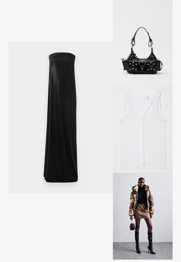Helmut Lang STRAP RACER TANK - Top - optic white; Sort stropløs maxikjole lavet af glat, skinnende stof. Har en tætsiddende bodice og en svungende silhuet, der når gulvet uden udsmykninger.; Pufferjakke med et brunt og sort mønster, parret med en brun slangeskinds mini nederdel, sorte støvler op til knæet og en lille sort taske.; Sort læderhåndtaske med et buet design, prydet med sølvfarvede nitter, en spænde og to sidelommer. Justerbar rem til forskellige bære muligheder.