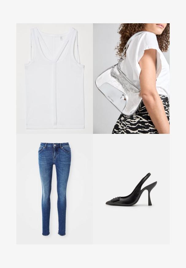 Helmut Lang STRAP RACER TANK - Felső - optic white; Aszimmetrikus fekete szatin felső egy vállpánttal, melynek drapírozott kialakítása van, és oldalsó cipzárral záródik. Puha tapintású.; Kék farmer skinny nadrág sima textúrával, közepes magasságú derékkal, öt zsebbel és világos kopással a combokon. Fém gomb és cipzáras záródás jellemzi.; Fekete bőr pántos cipő hegyes orral, karcsú magas sarkával és dekoratív masnival. Simaság és elegáns dizájn.; Ezüst fémes válltáska sima felülettel, ívelt formával, lánchordóval, és egy fényes elülső panellel, amelyen finom logógravírozás található.; Ez egy ezüst fülbevaló, amely áramló, spirális formatervezéssel rendelkezik. Simább textúrájú, fényes felületű. Diszkrét fényt biztosít, és nincsenek látható díszítések.