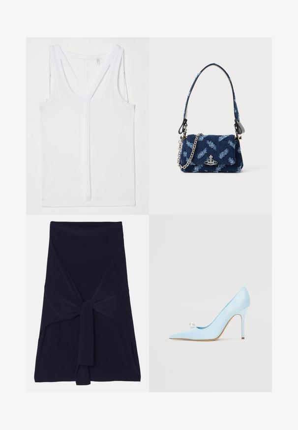 Helmut Lang STRAP RACER TANK - Top - optic white; Nabrano plavi sako suknja napravljena od mekanog, rastezljivog materijala s čvorastim dizajnom sprijeda, koja ima glatku teksturu i krojene ivice.; GIABORGHINI Visoke pete - blue; Torbica od tamnoplave tkanine s teksturiranim dizajnom, srebrnim detaljima i odvojivim lančanim remenom. Ima preklopno zatvaranje i naglasak s logotipom.
