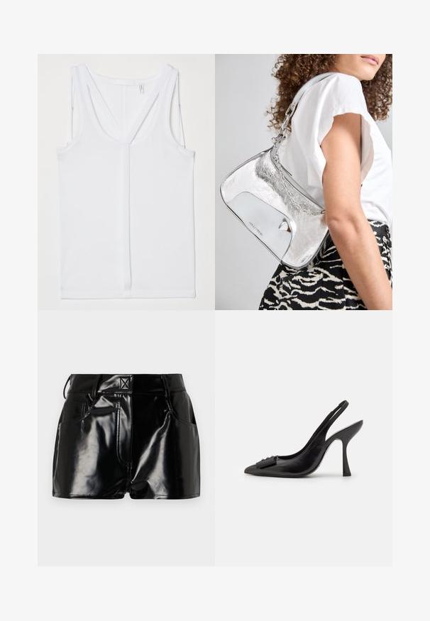 Helmut Lang STRAP RACER TANK - Top - optic white; Čierne lesklé šortky vyrobené z syntetického materiálu. Majú priliehavý pás, pútka na opasok a predné vrecká s výraznými švovými detailmi.; Čierne kožené šľapky so špicatou špičkou, úzkym vysokým opätkom a dekoratívnou mašľou. Hladká textura a elegantný dizajn.; Strieborná metalická kabelka na rameno s hladkou textúrou, zakriveným dizajnom, retiazkou na nosenie a lesklým predným panelom s jemnou gravírovanou logom.; Strieborné náušnice s plynulým, špirálovým dizajnom. Hladký povrch s lešteným finišom. Majú jemný lesk a žiadne viditeľné ozdoby.