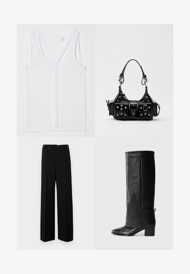 Helmut Lang STRAP RACER TANK - Top - optic white; Sorte brede bukser med flad front, knaplukning og glat stoftekstur. Har en lige pasform og skarpe linjer.; Sorte læder knæhøje støvler med en glat finish, firkantet tå, blokhæl og sidelukning for justerbar pasform.; Sort læderhåndtaske med et buet design, prydet med sølvfarvede nitter, en spænde og to sidelommer. Justerbar rem til forskellige bære muligheder.