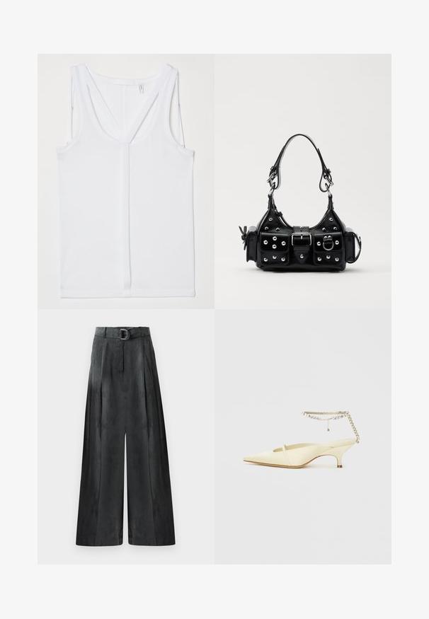 Helmut Lang STRAP RACER TANK - Top - optic white; Pantalones de pierna ancha en gris oscuro, con una textura suave, pliegues y un cinturón con una hebilla plateada en la cintura alta.; Zapato slingback de satén amarillo con punta afilada, tacón bajo y una correa de tobillo decorativa con cadena que presenta rhinestones. Textura suave, diseño minimalista.; Bolso de mano de cuero negro con un diseño curvado, que cuenta con tachuelas plateadas, una hebilla y dos bolsillos laterales. Correa ajustable para opciones de transporte.