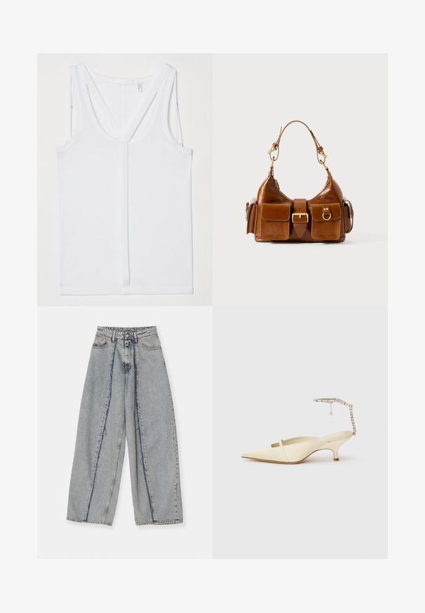 Helmut Lang STRAP RACER TANK - Top - optic white; Lichtblauwe wijde jeans met rafelige randen, een hoge taille en contrasterende naden. Gemaakt van denim, met een ontspannen pasvorm en minimale slijtage.; Crème kleurige slingback hak met spitse neus, dunne voorkantstrap en een juwelen enkelband op witte achtergrond.; Bruine leren handtas met een gebogen vorm, dubbele gouden hardware, twee voorzakken en een brede schouderband. Soepele textuur met een elegante afwerking.