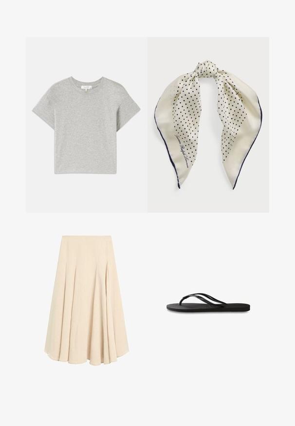 Šedé tričko s krátkým rukávem vyrobené z měkké bavlny. Kulatý výstřih s uvolněným střihem a žádnými viditelnými vzory nebo detaily. Štítek uvnitř.; Beige midi sukně ve tvaru A s přehyby, vyrobená z lehkého materiálu, s hladkým pasem a rozšířeným lemem.; Černé žabky s texturovanou gumovou podrážkou, dvěma štíhlými popruhy a jemným, embosovaným logem na popruhu.; Hedvábný šátek s krémovým pozadím a námořnickými puntíky, uvázaný uprostřed; námořnický okraj; zahrnuje text "Lauren Ralph Lauren."; Hnědá semišová kabelka se strukturovaným tvarem, stříbrnými logovými kovovými doplňky, krátkým držadlem a odnímatelným ramenním popruhem. Hladký povrch, minimalistický design.