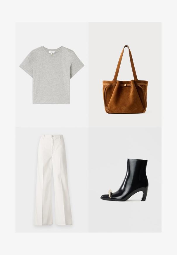 Graues T-Shirt mit kurzen Ärmeln aus weicher Baumwolle. Rundhalsausschnitt mit lockerer Passform und ohne sichtbare Muster oder Akzente. Etikett auf der Innenseite.; Weiße weite Hosen aus Baumwolle mit glatter Textur. Sie verfügen über einen vorderen Knopf, einen Reißverschluss und ein Design mit vier Taschen.; Schwarzer Knöchelschuh aus glänzendem Leder, mit einer spitzen Zehenform und einem dekorativen gold- und silberfarbenen Akzent an der Vorderseite. Blockabsatz-Design.; Braune Wildleder-Umhängetasche mit zwei Griffen, einem Knopfverschlussriemen und einer entspannten, leicht schlaffen Form.