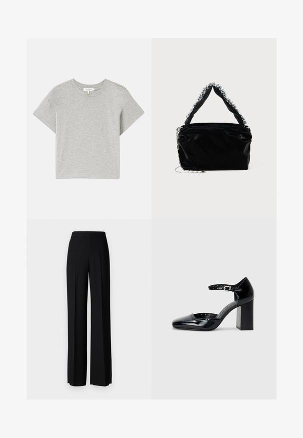 Grå kortermet t-skjorte laget av myk bomull. Rund hals med avslappet passform og ingen synlige mønstre eller detaljer. Merke på innsiden.; Sorte vidde bukser med en glatt tekstur, med høy midje og sentrale folder. Ingen synlige mønstre eller maskinvaredetaljer.; Sorte lakk lær høye hæler med firkantet tå, ankelrem og chunky hæl. Inkluderer perforerte detaljer langs kanten.; Svart veske i faux lær med tekstur, med en perlet sølvdetalj langs det øverste håndtaket og en kjede-rem.