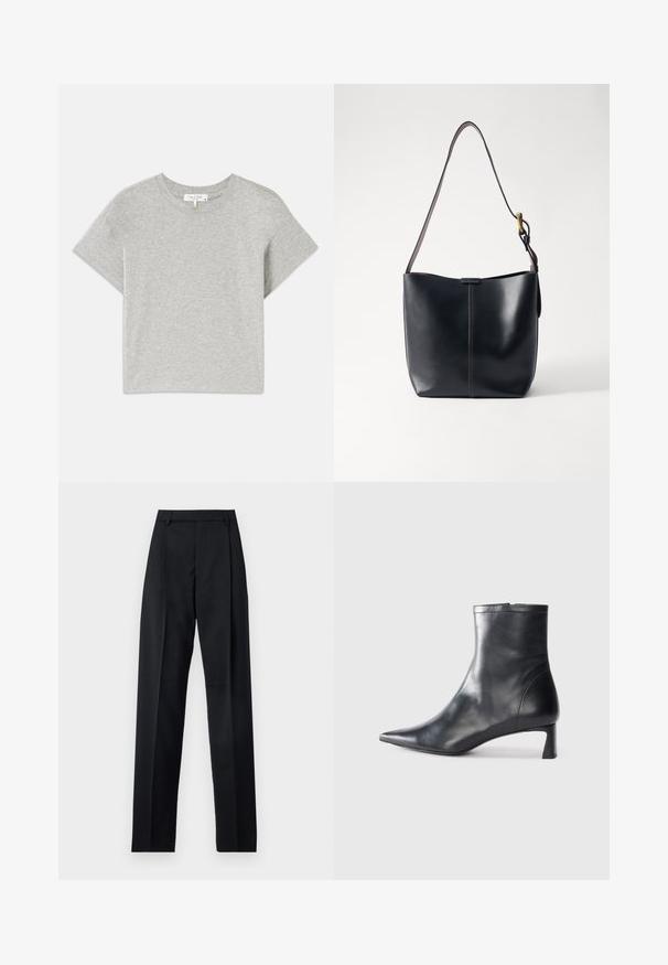 Grijze t-shirt met korte mouwen, gemaakt van zachte katoen. Ronde halslijn met een relaxte pasvorm en zonder zichtbare patronen of accenten. Etiket aan de binnenkant.; Zwarte broek gemaakt van gladde stof met een hoge taille, wijde benen, voorplooien en klassieke ceintuurlussen. Geen zijzakken zichtbaar.; Zwarte leren enkellaars met een spitse neus en een slank ontwerp. Heeft een lage hak en een ritssluiting aan de achterkant. Gladde textuur.; Zwarte leren schoudertas met een gladde textuur, voorzien van een dunne, lange schouderband en een subtiele stiknaad in het midden.
