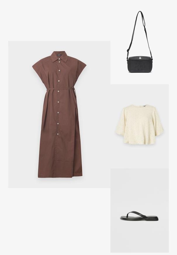 Top crem cu un model texturat, mâneci scurte evazate și închidere la spate cu o fereastră. Materialul are o finisare moale.; Rochie maro cu guler, mâneci scurte, cordon legat la talie și un design lung, fluid. Fabrică din bumbac neted.; Sandale negre din piele netedă, cu un design cu curea subțire și o talpă plată cu un profil minimalist. Fără modele sau accente notabile.; Geantă din piele neagră, tip crossbody, cu închidere cu fermoar, logo embosat pe față și curea ajustabilă. Textură netedă și formă rectangulară.