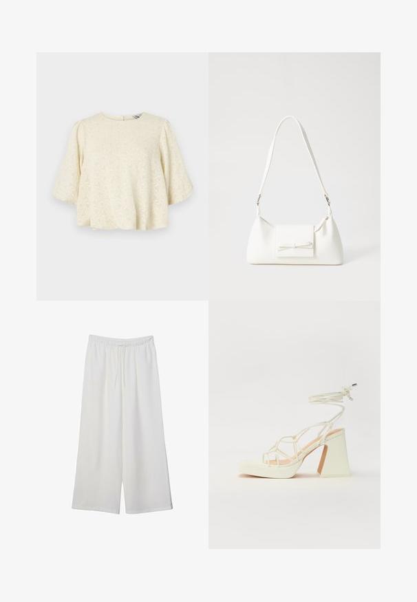 Lahek smetanast top z teksturiranim vzorcem, kratkimi širokimi rokavi in ključavnico na hrbtu. Tkanina ima mehak zaključek.; Bele široke hlače iz lahkega materiala, ki imajo elastičen pas in vrvico za prilagajanje. Gladka tekstura.; Bela sandala na visokih petah s debelim petam, ki ima obliko trakcev in vezanje okoli gležnja. Gladka tekstura z platformo spredaj za dodatno višino.; Bela sintetična torbica v obliki trikotnika, z ravnim sprednjim poklopcem in detajlom mašne, nastavljivim trakom, gladko teksturo in minimalističnim dizajnom.