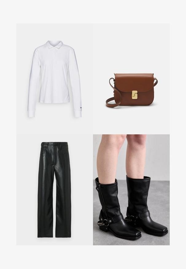 Valge pika varrukaga polo särk, millel on krae, nööbid ja must Nike Swoosh logo vasakul varrukal. Sile puuvillane kangas.; Mustad nahast püksid sirge lõikega, millel on nööpidega sulgemine, vööaasad ja kaks esitaskut. Sile pind kergelt läikiva tekstuuriga.; Mustad mustad kõrge teksad mustast nahast ruudukujulise varbaga, külgrihmaga ja reguleeritava rihmaga, millel on metallketi aksent. Mati viimistlus ja tugev tald.; Pruunist nahast käekott, millel on klapiga sulgur, kuldne riistvara, õlarihm ja sile tekstuur. Kompaktne ristkülikukujuline vorm.