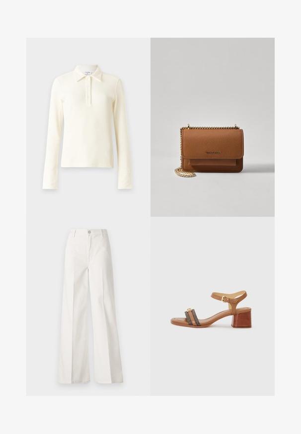 Kremfarget ribbestrikket langermet polo-skjorte med krage og tre knapper. Har tettsittende mansjetter og et mykt, strukturert stoff.; Hvite vide bukser laget av bomull med en glatt tekstur. Har en frontknapp, glidelåsgylf og fire lommer.; Tan hæl sandal med firkantet tå, to mørkebrune remmer og en guldbuckle. Har en stablet blokhælhæl og glat lædertekstur.; Brun teksturert lær crossover-veske med gullkjede-stropp og klaffelukking. Fronten har logo-detalj og en lomme under klaffen.