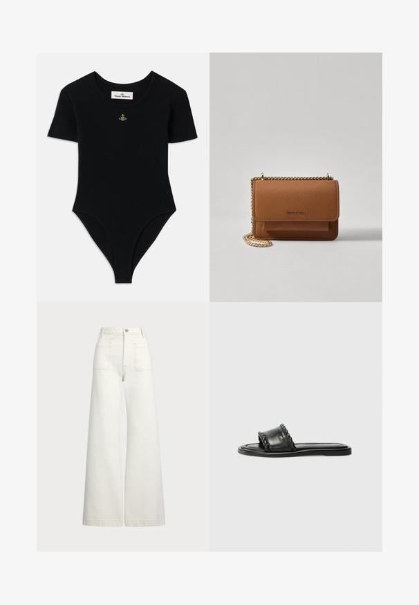 Svart ribbestrikket body med korte ermer og rund hals, med en liten fargerik brodert logo på brystet.; Vidde bukser i off-white denim. Høyt liv-design med knappelukking, to frontlommer og kontrastsøm detaljer.; Sorte lærsandaler med en vævet stropdetalje, flad sål og et slankt design. Glat tekstur og minimalistisk profil.; Brun teksturert lær crossover-veske med gullkjede-stropp og klaffelukking. Fronten har logo-detalj og en lomme under klaffen.