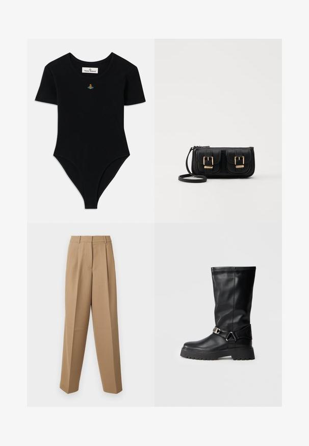 Fekete bordázott bugyi rövid ujjakkal és kerek nyakkal, kicsi színes hímzett logóval a mellkason.; Beige színű, magas derekú, plissézett elejű és széles szárú, testre szabott nadrág. Az anyag sima tapintású, enyhe fénylő hatással.; Fekete, térd fölé érő csizmák sima bőrből, oldalt csattós díszítéssel és vastag, texturált talppal a jobb tapadás érdekében.; Fekete bőr keresztbody táska két elülső zsebbel, arany csattokkal, cipzáras záródással és vékony pánttal. Textúrált felület és kompakt téglalap alak.