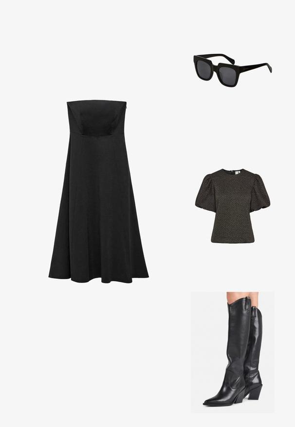 Top corto nero con texture, maniche corte a palloncino e scollatura rotonda, dotato di chiusura con zip sul retro.; Abito nero senza spalline con un corpetto aderente e una gonna svasata lunga fino al pavimento. Realizzato in tessuto liscio senza pattern o accenti visibili.; Stivali neri in pelle al ginocchio con punta affusolata, gambale curvo e tacco grosso. Presentano una texture liscia e linguette di trazione nella parte superiore.; Occhiali da sole neri rettangolari con montatura in plastica spessa e lenti scure. Le astine sono elegantemente progettate con una finitura lucida e branding minimo.; Borsa a tracolla in pelle nera con design curvo, hardware color oro e manico superiore. Caratterizzata da una chiusura elegante e una superficie liscia.