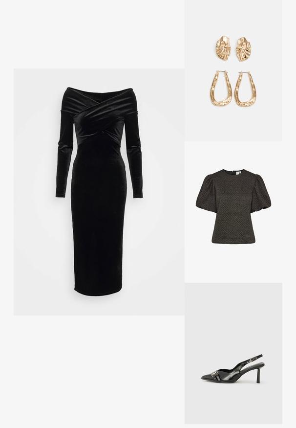 Krátky čierny top s textúrou, s nadýchanými krátkymi rukávmi a okrúhlym výstrihom, so zapínaním na zips na chrbte.; Čierne sametové šaty bez ramienok s dlhými rukávmi, priliehajúci strih a prekrížený dizajn v oblasti pŕs. Midi dĺžka a hladká textúra.; Čierne lakované kožené slingback topánky s špicatou špičkou, remienkami okolo členku s striebornými prackami a hardvérom, a štíhlým podpätkom.; Zlatá metalická kabelka so štruktúrovaným dizajnom, hladkou textúrou a nastaviteľným popruhom. Obsahuje jedinečný trojuholníkový tvar a minimalistické šitie.; Náušnice v zlatej farbe s textúrovanými, vlnitými tvarmi. Obsahujú sochárske klipsové náušnice a otvorený tvar krúžku s kladivkovým povrchom.