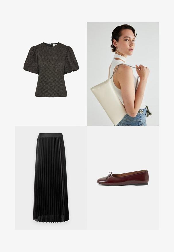 Kort svart teksturert topp med puffede korte ermer og rund hals, med glidelås bak.; Plisseret svart skjørt med en glatt midje, laget av lett stoff. Har skarpe, vertikale plisser og et design som går til midten av leggen.; Burgunderrød lakk lær ballettleilighet med rund tå, liten sløyfe foran og en lav, svart gummisåle. Glatt tekstur.; Hvit rektangulær clutch-veske laget av blankt materiale, med en sølvkjede-stropp. Modellen poserer og viser vesken mot en ensfarget bakgrunn.
