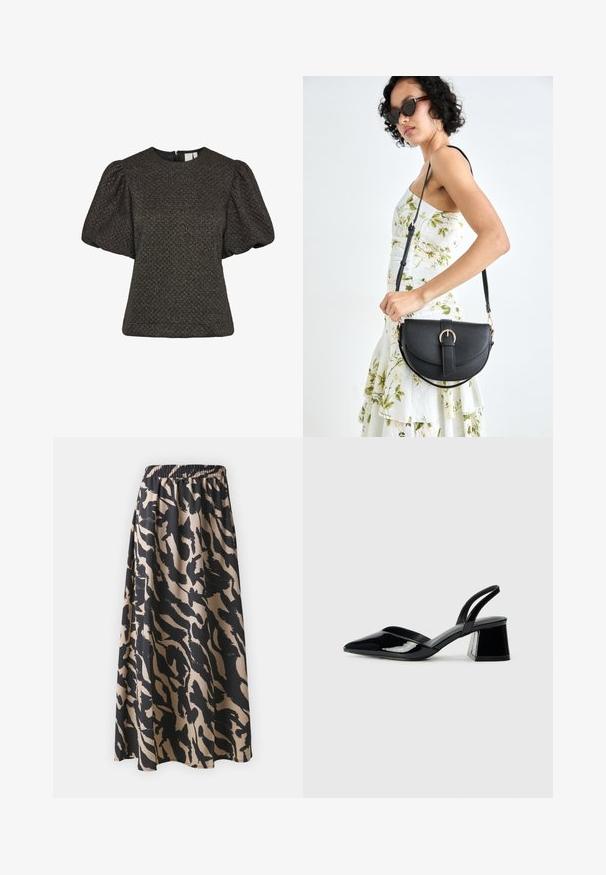 Krátky čierny top s textúrou, s nadýchanými krátkymi rukávmi a okrúhlym výstrihom, so zapínaním na zips na chrbte.; Čierna a béžová dlhá sukňa s elastickým pásom, s abstraktným zvieracím vzorom a splývavým strihom.; Čierne lakované kožené sandálové podpätky s špicatou špičkou a geometrickým blokovým podpätkom. Disponujú elegantným, minimalistickým dizajnom a hladkým povrchom.; Čierna kožená kabelka s zaobleným tvarom, odnímateľným popruhom a zlatými doplnkami. Kabelka má klopu s detailom s prackou.; Náušnice z kovu v zlatej farbe s elegantným, zakriveným dizajnom. Majú charakteristický špicatý tvar, leštený povrch a uzáver na pánt.