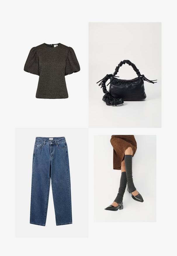 Rövid fekete, texturált felső puffos rövid ujjakkal és kerek nyakrésszel, hátsó cipzárral záródik.; Klasszikus kék farmernadrág egyenes szárú dizájnal, öt zsebbel és gombos zárással. Közepes mosású és strapabíró textúrával rendelkezik.; Fekete lakk bőrből készült, hegyes orrú cipők, tömbsarkúakkal és bokapánttal, szürke bordás lábszármelegítőkkel és barna velúr szoknyával párosítva.; Fekete műbőr kézi táska krokodil bőr textúrával, összehúzható tetejű és gyűrt pánttal. Lágy és kompakt dizájnúnak tűnik.