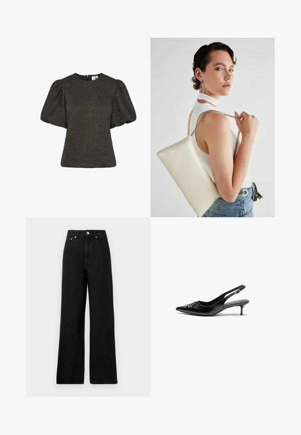 Kurzes schwarzes Oberteil mit Textur, puffierten kurzen Ärmeln und Rundhalsausschnitt, ausgestattet mit einem Reißverschluss auf der Rückseite.; Hochgeschnittene schwarze Denim-Jeans mit weitem Bein, ausgestattet mit fünf Taschen und silberfarbenen Hardware-Akzenten. Insgesamt glatte Textur.; Schwarze Leder-Slingback-Absätze mit einer spitzen Zehenform, kleinen Kitten-Absätzen und einem dekorativen Knoten-Detail auf der Vorderseite. Glatte Textur über die gesamte Fläche.; Weiße rechteckige Clutch aus glänzendem Material mit einem silbernen Kettenriemen. Das Model posiert und präsentiert die Tasche vor einem schlichten Hintergrund.