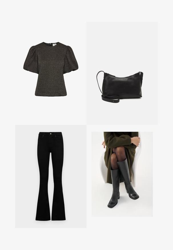 Μαύρη κοντή υφασμάτινη μπλούζα με φουσκωτά κοντά μανίκια και στρογγυλή λαιμόκοψη, διαθέτει φερμουάρ στο πίσω μέρος.; Μαύρα ψηλόμεσσα τζιν παντελόνια με κούμπωμα και φερμουάρ, εμπρός τσέπες και καμπάνα, τοποθετημένα επίπεδα σε λευκό φόντο.; Μαύρες δερμάτινες μπότες έως το γόνατο με τετράγωνη μύτη και τετράγωνο τακούνι, παρουσιασμένες με ένα μοντέλο καθιστό σε ένα ελαιόλαδο πράσινο παλτό. Λείος υφής, ελάχιστη λεπτομέρεια.; Μαύρη δερμάτινη τσάντα ώμου με λεία υφή, καμπύλο σχήμα, ρυθμιζόμενο λουρί και κλείσιμο με φερμουάρ. Μινιμαλιστικός σχεδιασμός χωρίς διακοσμητικά στοιχεία.