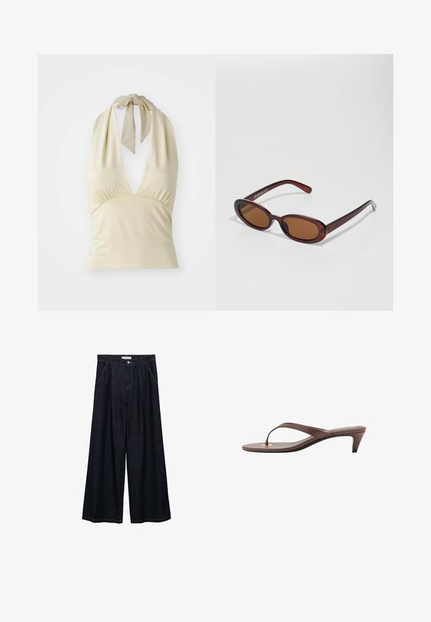 Ljus beige halterneck-top med djup V-ringning, rynkade detaljer vid bysten och en knytdetalj i nacken. Tillverkad av mjukt, stretchy tyg.; Mörk denim vid-byxa med hög midja, featuring en frontknäppning, två sidofickor och stickningsdetaljer.; Bruna klackflip-flopsandaler med en smal rem och rund tåpost, med en liten guldaccent på fotbädden.; Runda, bruntonade solglasögon med en glansig bordeauxfärgad ram. Smala bågar med subtilt varumärkesdetalj. Platt linsdesign.