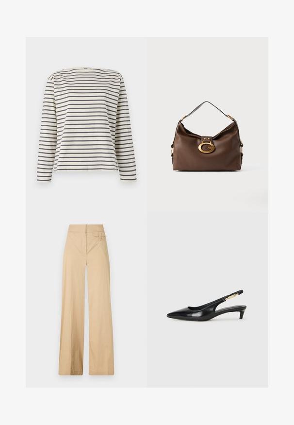 Langärmliges Shirt aus weichem Stoff, mit einem cremefarbenen Hintergrund und breiten, navyblauen Streifen sowie einem weiten Bootsausschnitt.; Beige weite Hosen aus Baumwollmischgewebe. Sie haben eine glatte Textur, einen elastischen Bund und eine seitliche Knopfdetail.; Schwarze Leder-Slingback-Pumps mit spitzem Schuhblatt, ausgestattet mit einem schlanken Absatz und einem goldfarbigen Akzent am verstellbaren Riemen. Glatte Textur.; Braune Handtasche aus Leder mit strukturiertem Finish, ausgestattet mit einem goldfarbigen Verschluss und einem einzigen, geschwungenen Schulterriemen.
