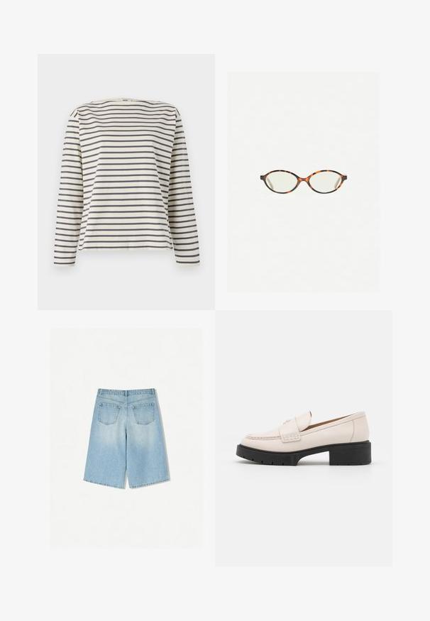 Dlouhý rukáv košile vyrobené z měkké tkaniny, s krémovým pozadím a námořnickými horizontálními pruhy a širokým lodičkovým výstřihem.; Světle modré denimošortky s uvolněným střihem, mají dvě zadní kapsy a rovný střih nohavic. Čistý lem a jemná textura.; Světlobéžové kožené mokasíny se střiženým předním dílem a texturovaným černým platformovým podpatkem. Obsahují zakřivený design a mírné zvýšení.; Želvovinové brýle s oválnými čočkami a hladkým, jemným povrchem. Má tenké bočnice s jemným zakřivením v chrámcích. Čiré čočky.; Tkaná hnědá kabelka s kulatou rukojetí, vyrobená z měkké kůže. Disponuje zipovým uzávěrem a složitým vzorem košíkového pletení.