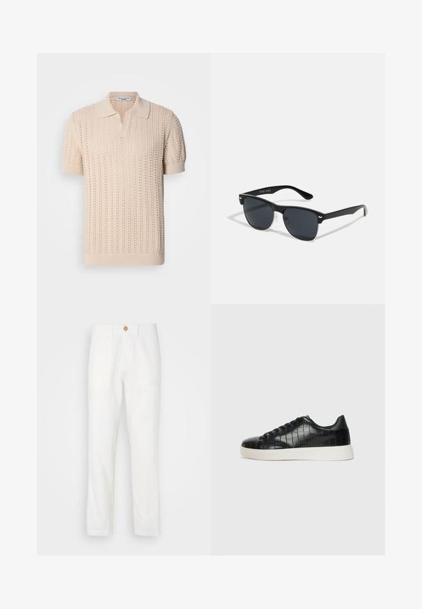 Beige pletená polo košile s krátkými rukávy, která má texturovaný otevřený vzor a klasický límec. Měkká tkanina a žebrované manžety.; Bílé látkové kalhoty s rovnými nohavicemi, se dvěma předními kapsami a zapínáním na knoflík. Hladká textura a čistý design.; Černé tenisky s texturovaným vrškem z kůže s embosovaným hadím vzorem, kulatou špičkou a kontrastní bílou gumovou podrážkou s hladkým povrchem.; Černé sluneční brýle s obdélníkovým tvarem, tmavými skly, stříbrnými akcenty na spáncích a matným povrchem rámu.
