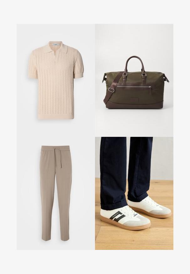 Beige neulepaita lyhyillä hihoilla, jossa on teksturoitu avopitsikuvio ja klassinen kaulus. Pehmeä kangas ja ribbetyt hihansuut.; Harmaat vaaleat housut, joissa on joustava vyötärö, säädettävä nyöri ja kapeat lahkeet. Kangas näyttää sileältä ja siinä on hienoinen kiilto.; Valkoiset ja harmaat tennarit mustilla raidoilla, valmistettu nahasta, mukana kumipohja ja litteät nauhat. Yhdistettynä tummansinisiin housuihin puulattialla.; Kangasduffeli oliivinvihreänä, jossa on ruskeat nahkaosat. Varustettu kaksilla kahvoilla, irrotettavalla olkahihnalla ja edessä vetoketjullisella taskulla.