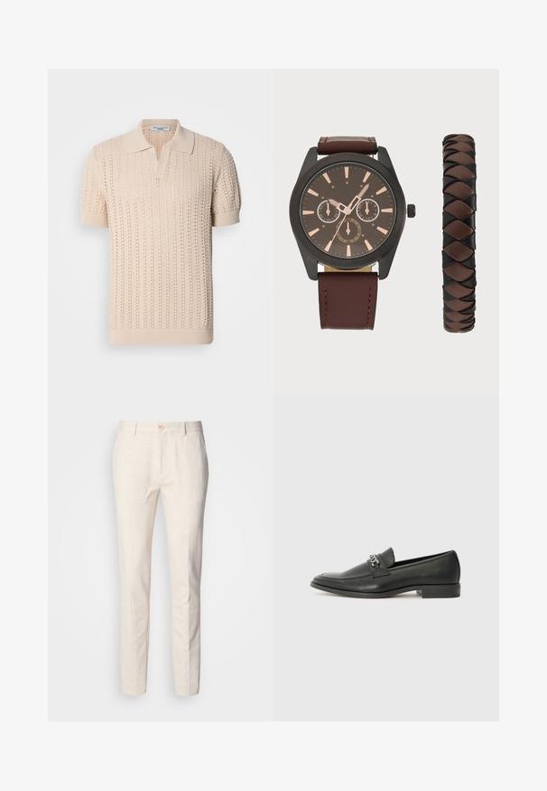 Beige stickad pikétröja med korta ärmar, med ett strukturerat hålmönster och en klassisk krage. Mjuk tyg och ribbade manschetter.; Ljusbeige, skräddarsydda byxor i mjukt tyg. Har en knappstängning, bältesöglor och en smal, rak benform med minimal textur.; Svart läderloafers med en slät yta, med en sydd design och en dekorativ metallkedjeaccent över västen. Platt häldesign.; Pier One SET - Klocka - black/brown