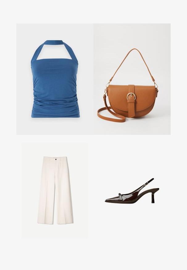 Plavi top na halter s ravnim dekolteom, s naboranim detaljima s boka i širokim trakama. Izrađen od mekog, glatkog materijala.; Kreme hlače širokih nogavica s krojem koji je prilagođen, s dva prednja džepa i jednim prednjim zatvaranjem na gumb, izrađene od glatkog materijala.; Smeđe lakirane slingback cipele s upPointom, niskom petom i dekorativnom mašnom sprijeda. Glatka, sjajna tekstura.; Smeđa kožna torba preko tijela s zakrivljenim oblikom, zlatnim metalnim detaljima i naglaskom na kopču. Ima odvojivu naramenicu.