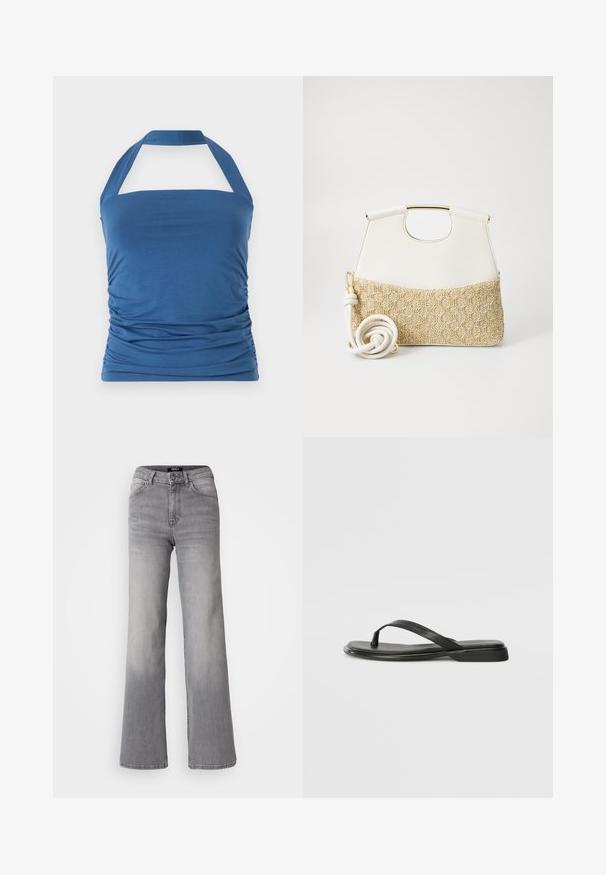 Blauwe haltertop met een rechte halslijn, voorzien van geplooide zijdetails en brede bandjes. Gemaakt van zachte, gladde stof.; Grijs denim jeans met hoge taille en rechte pijpen, voorzien van een knoop en ritssluiting aan de voorkant, voor- en achterzakken, en een vervaagde schaduw op de dijen en kuiten.; Zwarte teenflip-flop van glad leer, met een dunne band en een platte zool met een minimalistisch profiel. Geen opvallende patronen of accenten.; Witte leren handtas met een doorgetrokken creme geweven stof aan de onderkant. Voorzien van een gouden handvat en een opgerolde witte schouderband voor veelzijdigheid.
