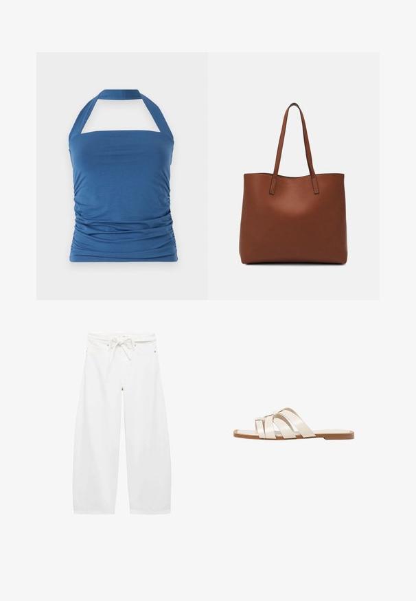 Blå halterneck-top med en lige udskæring, der har samlet side detaljer og brede stropper. Fremstillet af blødt, glat stof.; Hvide brede bukser lavet af letvægtsstof, med en snoreliv, to forlommer og enkle metaldetaljer.; Flade sandaler med en lys gummisål, designet med tre overlappende hvide læderremme og en lille sløjfe detalje i midten.; Brun læder tote taske med en glat overflade, åben topdesign og to skulderremme. Har minimal syning og ingen synlig hardware.