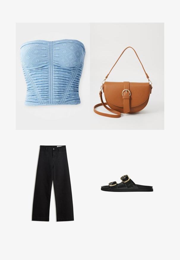 Svetlomodrý top bez ramienok, s textúrovanými kvetinovými vzormi, zhrnutou tkaninou a priliehavým strihom s vertikálnymi švovými detailmi.; Čierne denimové nohavice s širokými nohavicami a vysokým pásom, so prednými a zadnými vreckami, šitými švami a zapínaním na gombík. Hladká textúra.; Čierne šľapky s dvoma zlatými prackami, hladký textúrovaný materiál, plochá podrážka a minimalistický dizajn.; Hnedá kožená kabelka cez telo s zakriveným tvarom, zlatými kovovými doplnkami a akcentom s prackou. Obsahuje odnímateľný ramenný popruh.