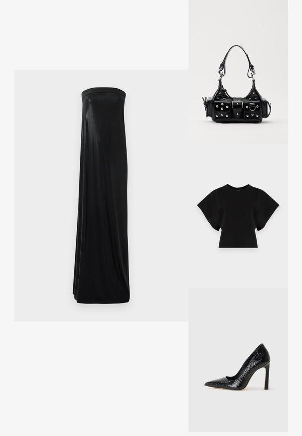 Black cropped t-shirt made of cotton, featuring short, wide sleeves and a round neckline with a smooth texture and minimalist design.; Black strapless maxi dress made of smooth, shiny fabric. Features a fitted bodice and flowing silhouette, reaching the floor without embellishments.; Black pointed-toe high heel shoe with a crocodile-skin texture, featuring a sleek design, high stiletto heel, and smooth black interior.; Black leather handbag with a curved design, featuring silver studs, a buckle, and two side pockets. Adjustable strap for carrying options.