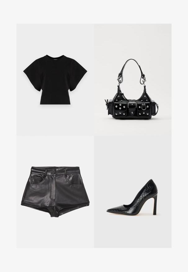 Black cropped t-shirt made of cotton, featuring short, wide sleeves and a round neckline with a smooth texture and minimalist design.; Black faux leather shorts with a high waist, featuring two front pockets, visible stitching, and a smooth texture.; Black pointed-toe high heel shoe with a crocodile-skin texture, featuring a sleek design, high stiletto heel, and smooth black interior.; Black leather handbag with a curved design, featuring silver studs, a buckle, and two side pockets. Adjustable strap for carrying options.