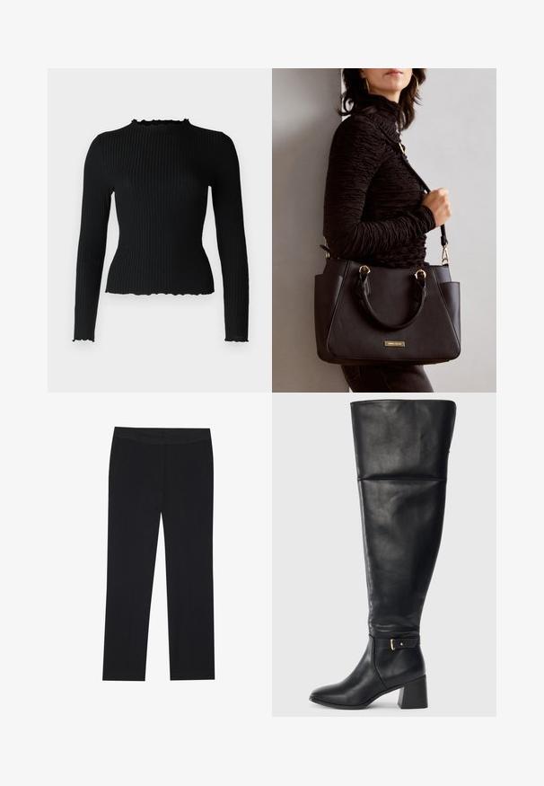 ONLY Petite ONLEMMA - Pikkade varrukatega topp - black; Mustad püksid otse lõikega, küljetaskud ja sile kangatekstuur. Minimalistlik detailide valik, puhas vöökoht.; Mustade põlve kõrged nahast saapad, millel on plokknõel ja dekoratiivne rihm koos kulla värvi lukuga üle pahkluu, külgvaade valgel taustal.; Musthave must kott, millel on tekstuurne pind, kaks ülemist käepidet ja reguleeritav õlarihm. Omab kuldse tooni riistu ja külgtaskuid.