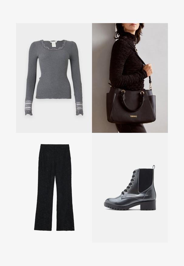 Gray long-sleeve ribbed top with scalloped neckline and lace-accented cuffs featuring a textured pattern.; Black lace pants with a flared design, featuring a floral pattern throughout the fabric. Smooth texture with a fitted waistline.; Black patent leather ankle boots with a block heel, lace-up front, and elastic side panels for easy wear. Rugged sole for traction.; Black handbag with textured surface, dual top handles, and adjustable shoulder strap. Features gold-tone hardware and side pockets.